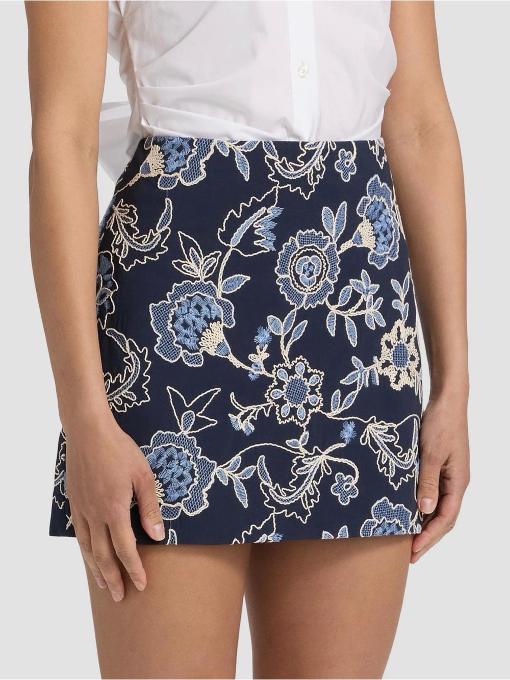 Tanya Taylor Navy Mini Skirt with Blue and Cream Floral Embroidery